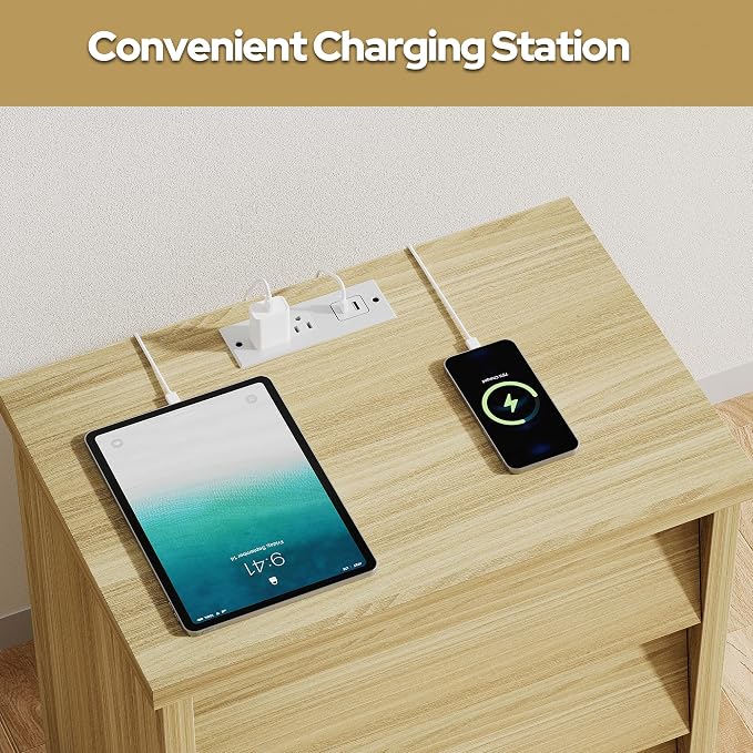 23" Wide Nightstand Set of 2 with Charger Station, Modern Night Stand with 3 Drawers, Wood End Table with USB Ports and Outlets, Storage Bedsides Table for Bedroom, Hallway (Natural) - Image 5