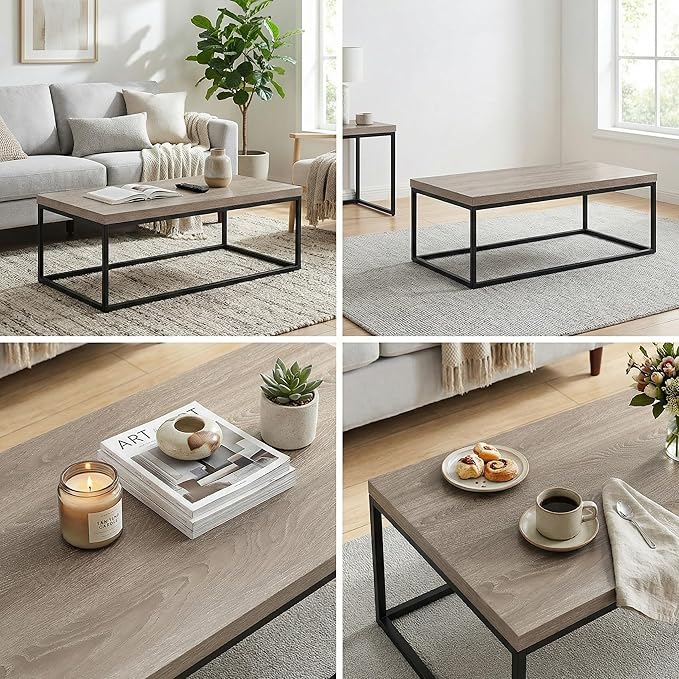 CENSI 47" Industrial Coffee Table, Rustic Grey French Oak Finish, Extra Thick 1.6" Wood Top, Sturdy Metal Frame, Modern Farmhouse Rectangular Cocktail Center Table for Living Room, Easy Assembly