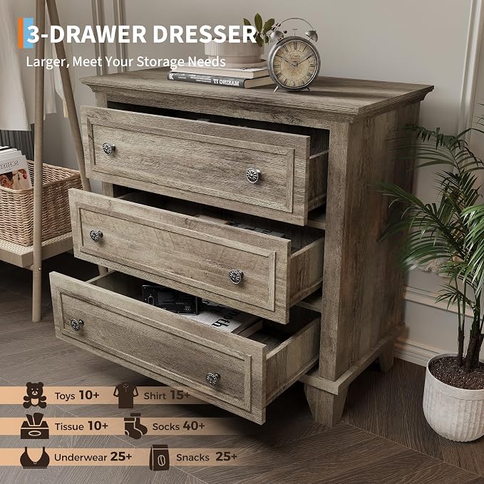 GAOMON 3 Drawer Dresser for Bedroom, Grey Wood Chest of Drawers Bedroom Dresser, Rustic Small Drawers Dressers Nightstand Wooden Closet Storage Cabinet for Living Room - Image 4