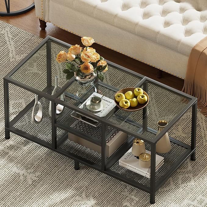 Glass Coffee Table, Coffee Tables for Living Room, Small Center Table, Modern Coffee Table with Open Storge&Metal Frame, Rectangular Coffee Tables for Small Space, Home Office, Black
