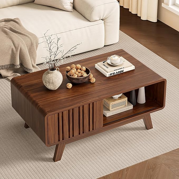 ONBRILL Coffee Table, Mid Century Modern Table with Storage Compartment, Fluted Table with Sliding Cabinet Door, Farmhouse Wood Coffee Table for Living Room (Walnut)