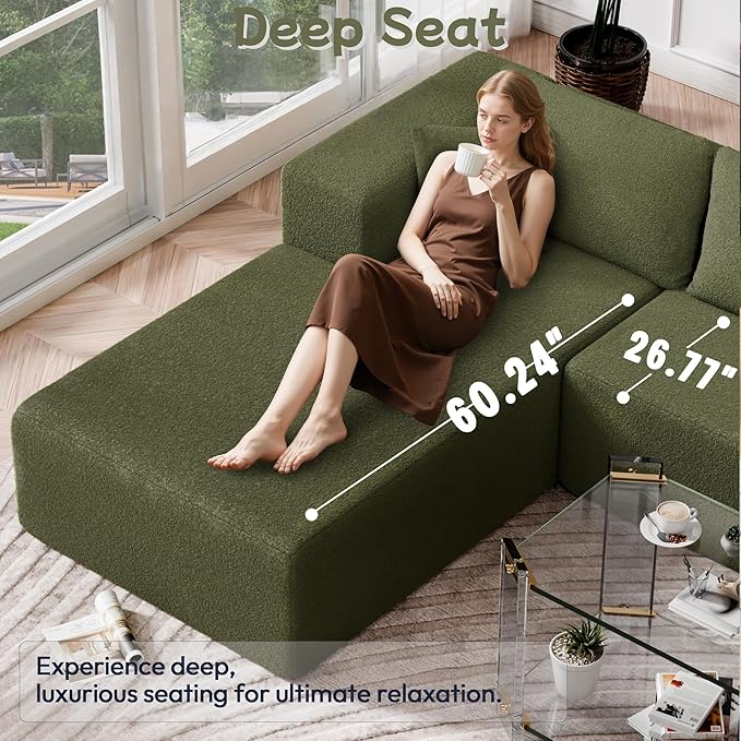 Cloud Sectional Couch, 105” Fluffy Modular L-Shape Sofa with Right Chaise Lounge, Modular Sectional Sofa in a Box, Boneless Couch for Living Room, No Assembly Required, Wool Green