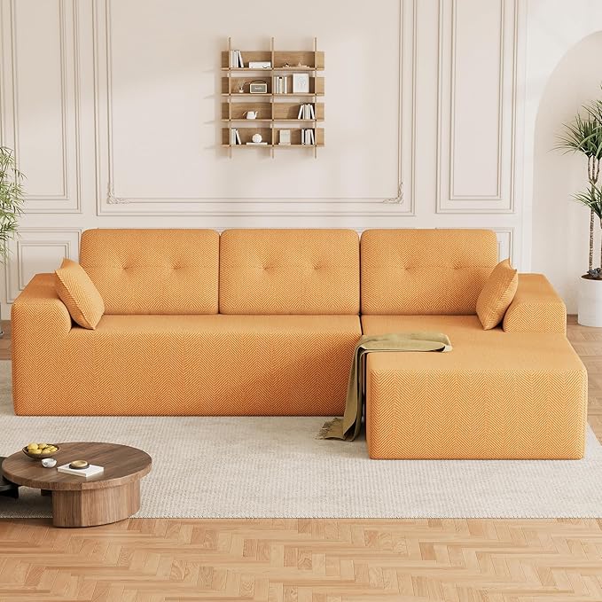 Ball & Cast 106" Cloud Sectional Couch, Compressed L-Shaped Sofa with Deep Seat Chaise, Boneless No Assembly Modular Couch, Foam & Spring Support, 2 Boxes (Right Facing, Chenille Orange)