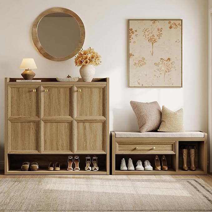 SICOTAS Shoe Bench with Storage, 40.6" Extra Wide Farmhouse Entryway Bench with Cushion, Drawer & Tall Boot Shelf, 18.9" Comfort Height Seat, Large Storage Bench for Bedroom Hallway Mudroom,Brown Oak - Image 8