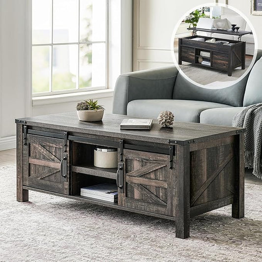 OKD 48" Farmhouse Lift Top Coffee Table with Sliding Barn Door,Rustic Center Table with Hidden Storage Compartment,Lifting Tabletop and Adjustable Shelf for Living Room,Office,Dark Rustic Oak