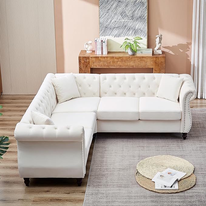 KEIKI 83.5" Chesterfield Corner Sofa, Retro Style Upholstered L-Shaped Velvet Couch with Rolled Arm, 5 Seater Corner Sofas for Living Room Bedroom Office Apartment, Beige