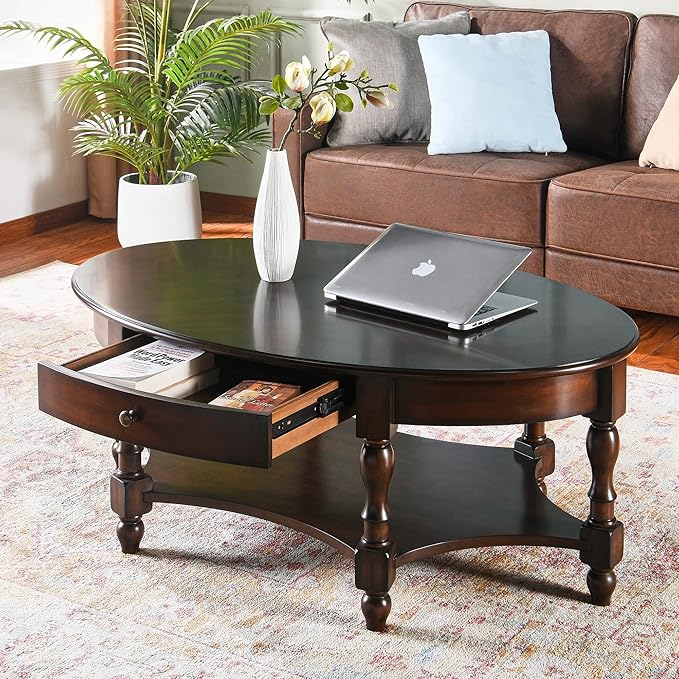 Solid Wood Oval Coffee Table with Drawer and Storage Shelf, 44.9" Traditional Retro Center Table Polished Edging Cocktail Tea Table for Living Room Bedroom Home, Vintage Walnut