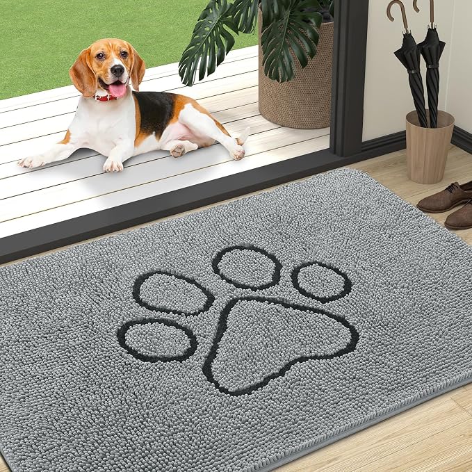 OLANLY Dog Door Mat for Muddy Paws 47x32, Paw Print Design, Absorbs Moisture and Dirt, Absorbent Non-Slip Washable Doormat, Quick Dry Chenille Mud Mat for Dogs, Entry Indoor Entryway Carpet, Grey by OLANLY
