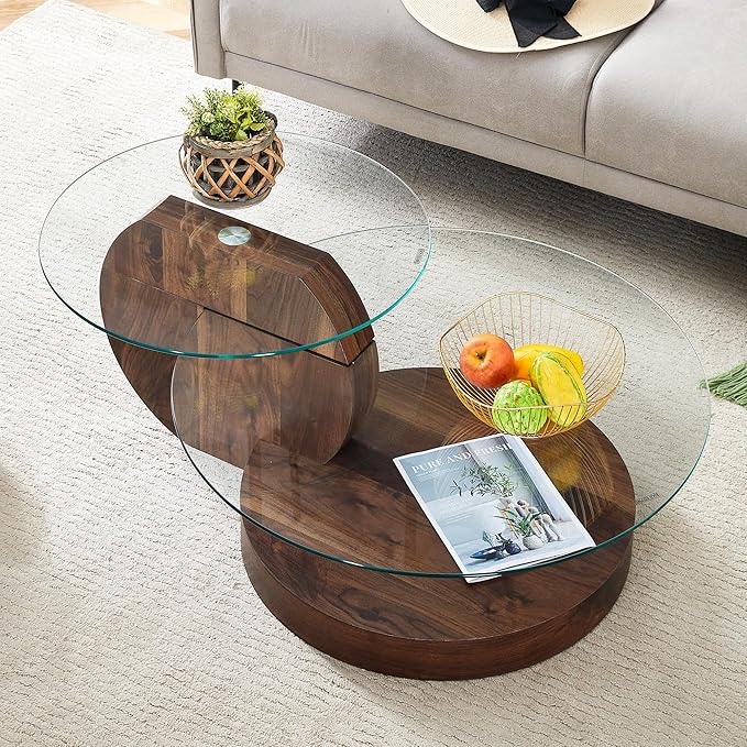 42" Glass Coffee Table, Round Coffee Table, 2-Tier Tempered Glass Tabletop with Walnut Base, Modern Center Table for Living Room, Home, Apartment, Ideal for Small Space