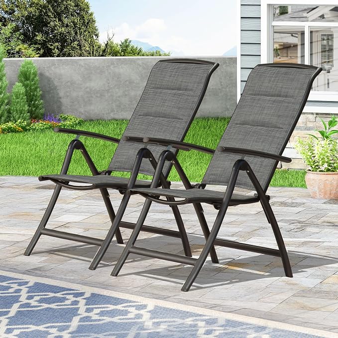 Domi Folding Patio Chairs Set of 2, Aluminium Frame Reclining Sling Lawn Chairs with Adjustable High Backrest, Patio Dining Chairs for Outdoor,Porch,Balcony (Double-Layered Textilene Fabric) by domioutdoorliving