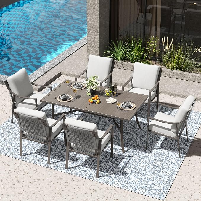 NATURAL EXPRESSIONS 7 Piece Patio Dining Table Outdoor Furniture Set for 6, 6Pcs Fixed Dining Chairs with Olefin Cushions, 65”Large Dining Table with Umbrella Hole - Image 6