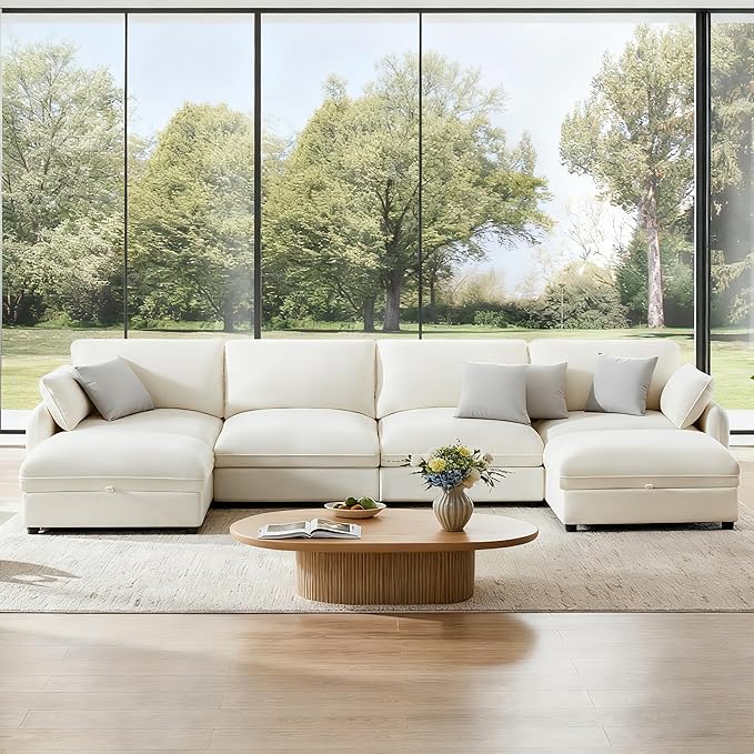 147" Cloud Sectional Couches for Living Room,U Shaped Oversized Modular Modern Linen Sofa with 2 Movable Ottoman,6 Deep Seat with 2 Throw Pillows,Warm White