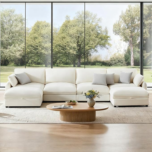 147" Cloud Sectional Couches for Living Room,U Shaped Oversized Modular Modern Linen Sofa with 2 Movable Ottoman,6 Deep Seat with 2 Throw Pillows,Warm White