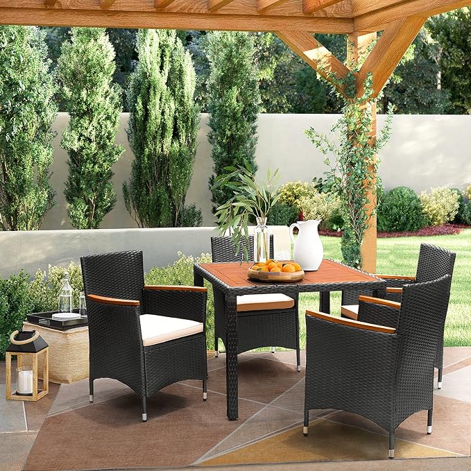 Flamaker 5 Piece Patio Dining Set Outdoor Acacia Wood Table and Chairs with Soft Cushions Wicker Patio Furniture for Deck, Backyard, Garden - Image 2