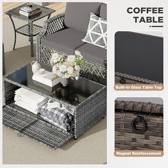 HOMREST 7 Piece Patio Furniture Set, Wicker Outdoor Conversation Set with Swivel Chairs, 2 Ottomans, Storage Coffee Table, Rattan Outdoor Sectional Sofa for Deck Backyard Porch （7 Seats, Gray）