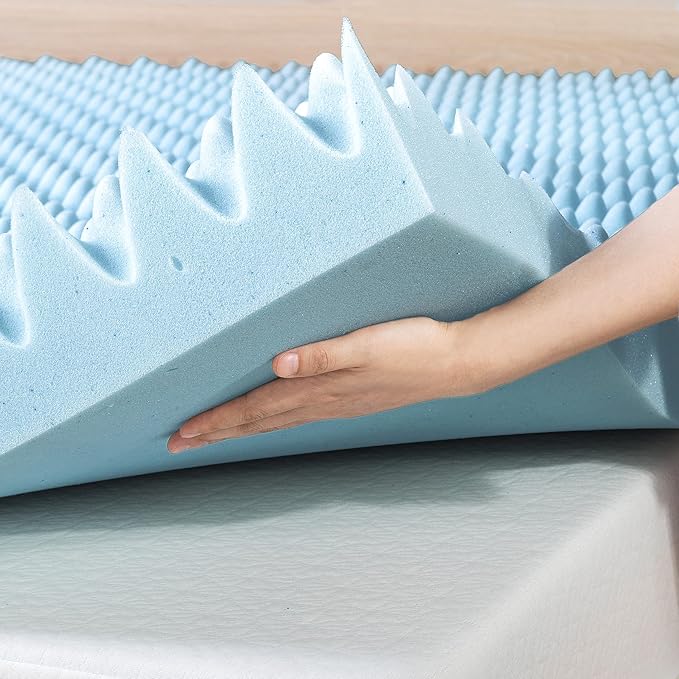 Best Price Mattress 4 Inch Egg Crate Memory Foam Mattress Topper with Cooling Gel Infusion, CertiPUR-US Certified, Dorm Essentials, Short Queen, Light Blue