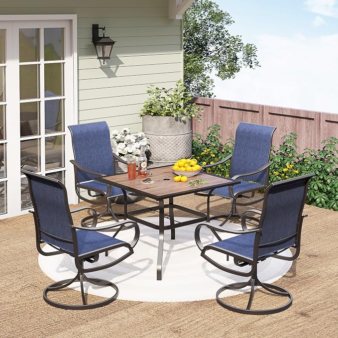 PHI VILLA 5 Piece Outdoor Patio Dining Set with 4 Swivel Dining Chairs & 1 Wood-Like Dining Table, All Weather Blue Textilene Mesh Fabric Chair and Square Metal Table for Deck Lawn Garden by PHIVILLA