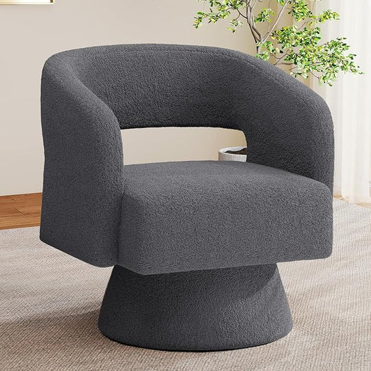 Nebuaegis Swivel Accent Chair, Modern Comfy Teddy Barrel Chairs, Oversized Upholstered Round Arm Chair for Living Room, Bedroom, Reading Room, Dark Grey, 1 PCS