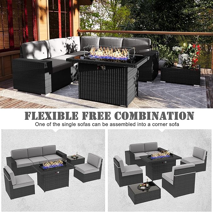7 Pieces Patio Furniture Set with 44" Propane Gas Fire Pit Table, Outdoor Sectional Wicker Conversation Sofa Sets with Coffee Table