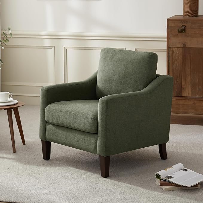 VKNOW Mid Century Modern Accent Chair, Upholstered Living Room Chairs Armchair for Bedroom, Comfy Reading Accent Chairs with Wood Legs for Living Room (1, Green)