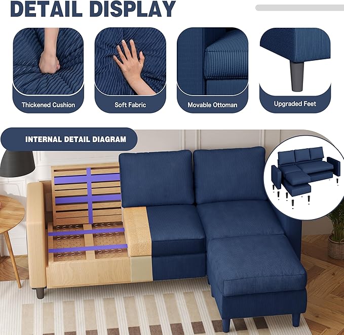 Shintenchi Small Sectional Sofa Couches,L Shape Convertible Sofa with Ottoman,3 Seat Comfy Corduroy Upholstered Sofa Couch,Small Couch for Apartment,Living Room and Office(Blue)