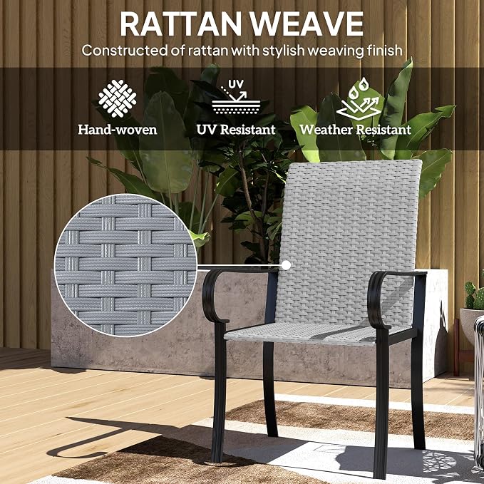 Outsunny Set of 4 Outdoor Wicker Dining Chairs, All-Weather Rattan Armchairs with Armrests, Steel Frame, High Back and Deep Seating, for Garden, Patio, Deck, Yard, Poolside, Gray - Image 4