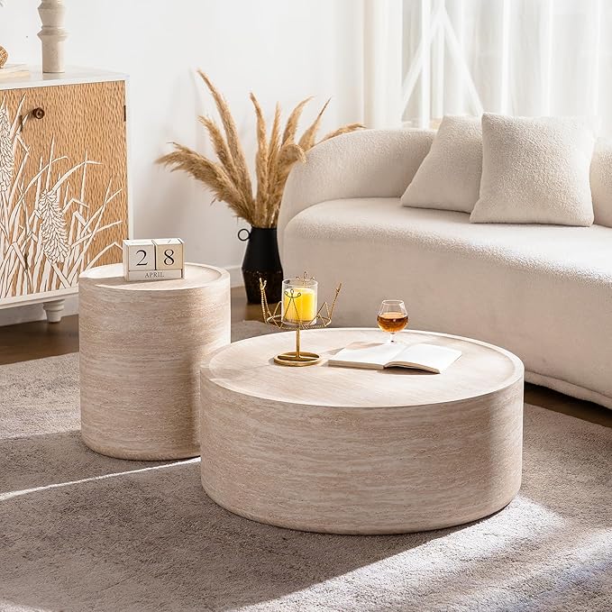 Round Coffee Table in Faux Marble, 31.5" W × 12" H Stone Coffee Tables for Living Room, Modern Drum Center MDF Vintage Design Low, Office, Apartment No Assembly Required Beige Mars