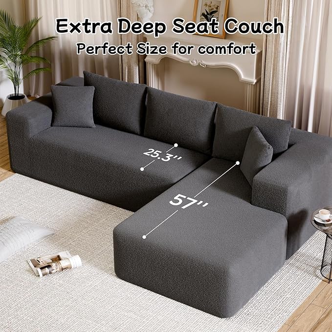 104” Sectional Cloud Couch, L-Shape Compressed Sofa with Left Chaise Lounge, Modular Cloud Couch with 2 Pillows & Deep Seat, Rain Drop Velvet Floor Sofa for Living Room, Dark Gray