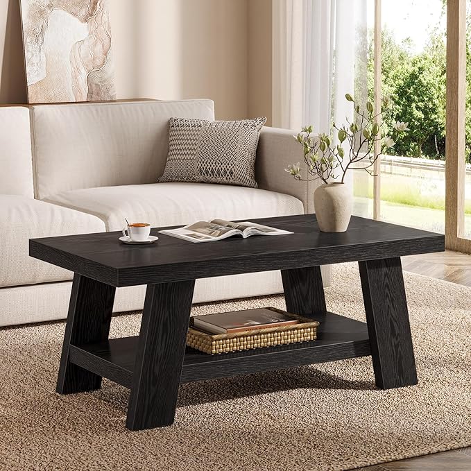 Tribesigns Rectangle Coffee Table, 47-Inch Wood Coffee Tables for Living Room, Farmhouse Long Center Tables with 2-Tier Storage Shelves for Living Room, Apartment, Home Office (Black)