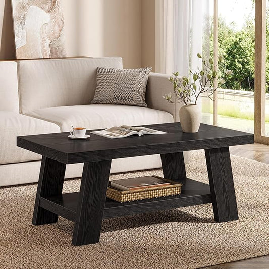 Tribesigns Rectangle Coffee Table, 47-Inch Wood Coffee Tables for Living Room, Farmhouse Long Center Tables with 2-Tier Storage Shelves for Living Room, Apartment, Home Office (Black)