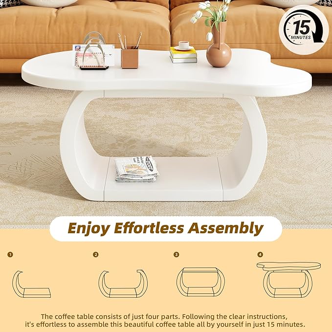 Merax Modern Cloud Coffee Table with Curved Legs, Wood Cream Style Irregular Center End Tables for Living Room, Reception Room, Apartment, Easy Assemble, White
