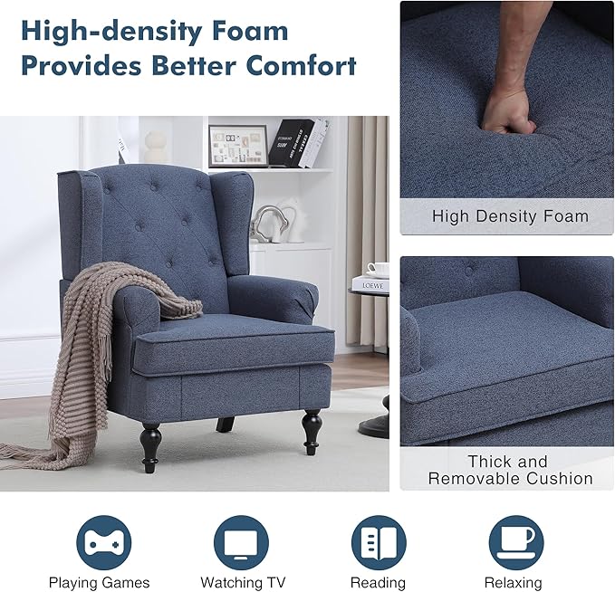 Accent Chair for Living Room, Mid Century Modern Upholstered Armchair, Wingback Chair with Tufted High Back and Solid Legs, Comfy Single Sofa Side Chairs for Bedroom, Blue