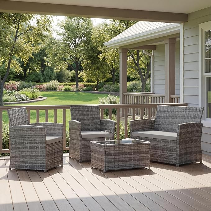 Patio Outdoor Furniture 4 Pieces Sectional Sofa Set Balcony Furniture Wicker Rattan Chairs with Table and Loveseat for Garden, Porch, Backyard, Gray Wicker/Gray Cushion