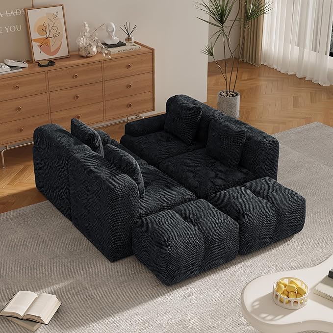 135" U-Shaped Compressed Sectional Cloud Sofa, Flannel Upholstered Modular Tufted Sofa with 6 Pieces, Symmetrical Boneless Foam Modular Cloud Couches for Living Room