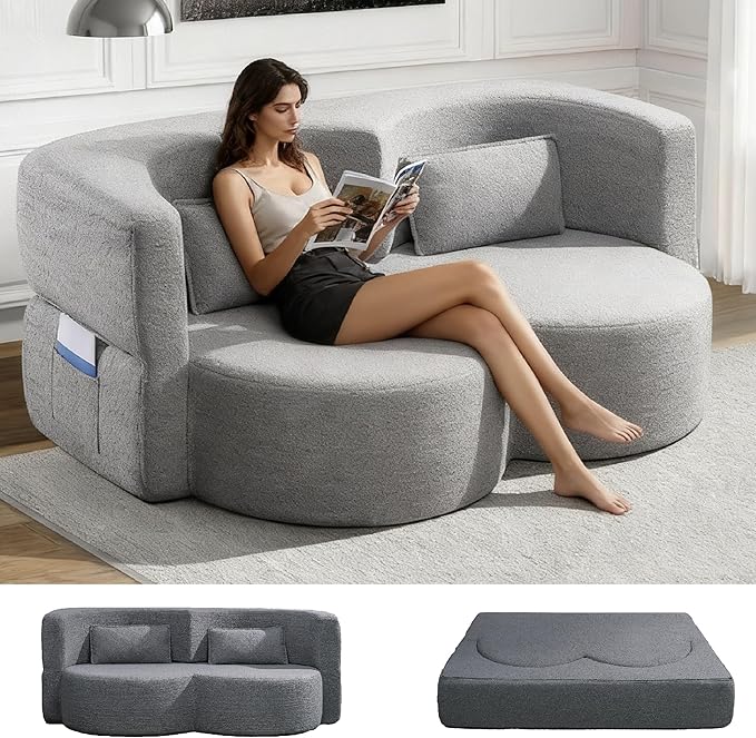 KEIKI 79" Convertible Floor Sofa Bed, Fold ‌Teddy Sleeper Cloud Couch with Storage & Deep Seat, Comfy Upholstery Curved Boneless Futon Couches, 2-in-1 Sofas for Living Room Bedroom, No Assembly, Grey
