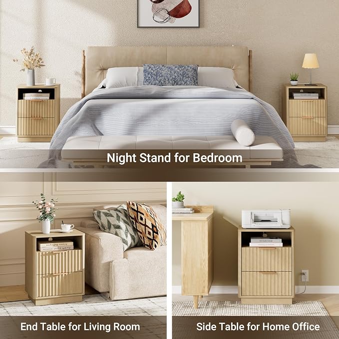 Fluted Nightstand, Modern Night Stand, 2 Drawers Nightstand with Charging Station, Wooden End Table w/Storage, Bedside Table for Bedroom Sofa Home Office, Curved Corners Design, Natural Oak - Image 7