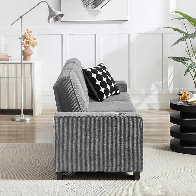 83" Modern Cloud Sofas for Living Room Bedroom, 3 Seat Modular Couch Soft Corduroy Upholstered Loveseat Couches with Cupholders for Home Apartment Office Studio