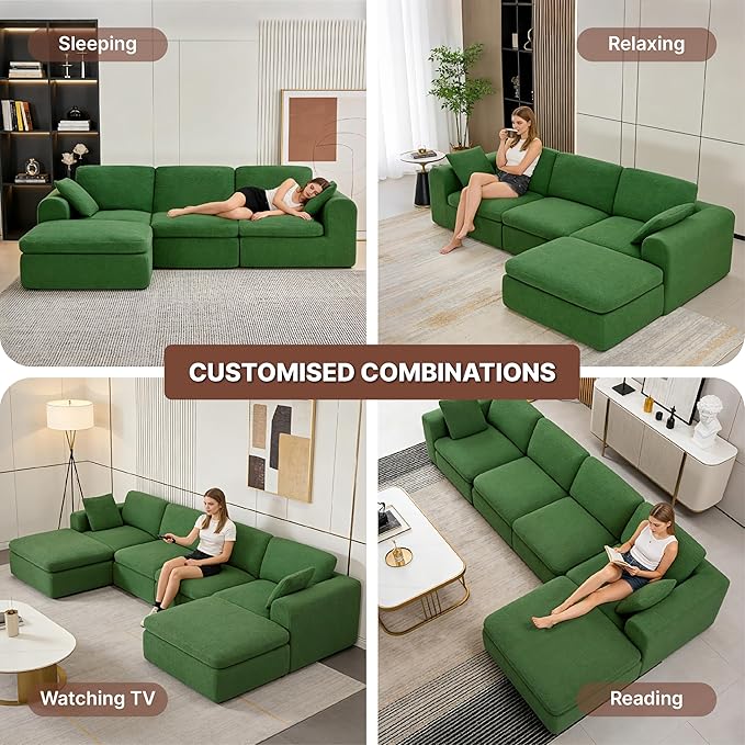 138" Boneless Cloud Couch Sectional No Assembly Required Modular Sofa with Deep Seat for Living Room U Shaped Couch with Ottoman Snowflake Fabric and Memory Sponge Moss Green