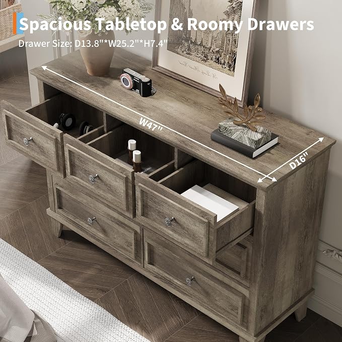 GAOMON Grey Dresser, 7 Drawer Dresser for Bedroom, 47" W Chest of Drawers with Deep Drawers, Closet Dressers with Metal Handle, Thickened Desktop, Wood Rustic Drawers for Hallway, Entryway, Closet - Image 5