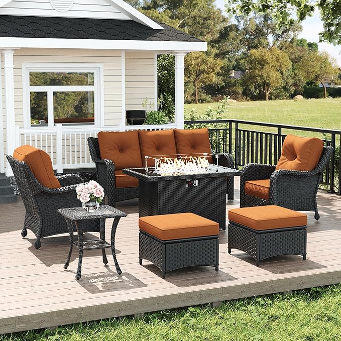 LayinSun 7 Piece Wicker Outdoor Furniture Set with 6-inch Comfy Cushions, High Back Patio Furniture Set with Rattan Armchairs and Fire Pit Table