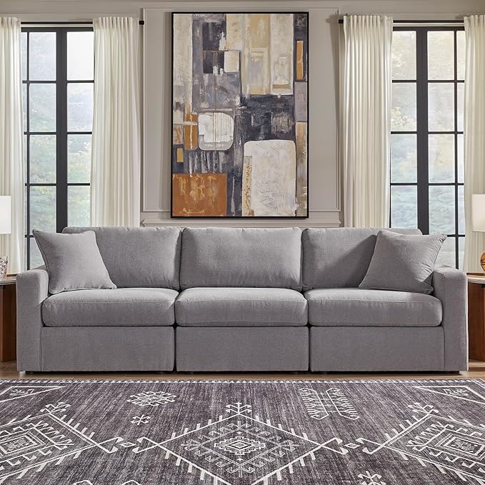 Signature Design by Ashley Modmax Casual Modular Stain Resistant 3-Piece Sofa with Removable Covers and 2 Accent Pillows, Light Gray