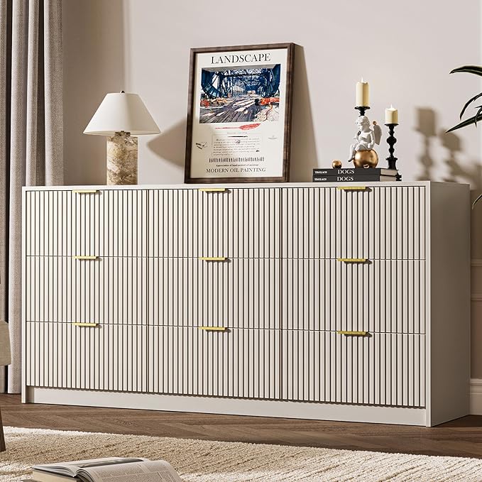 MAISONARIA 3-Piece Dresser Bedroom Set, 9 Drawer Dresser & 3 Drawer Nightstands with Gold Handles, Fluted Wood Chest of Drawers for Bedroom, Living Room, Entryway, Beige