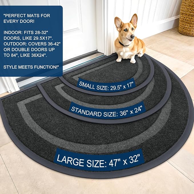 OLANLY Half Circle Door Mat Indoor Outdoor Entrance Welcome, Waterproof All-Season, All-Weather Doormat, Sturdy Natural Rubber, Low Profile, Easy Clean Patio Porch Entryway Mat, 47x32, Black - Image 2