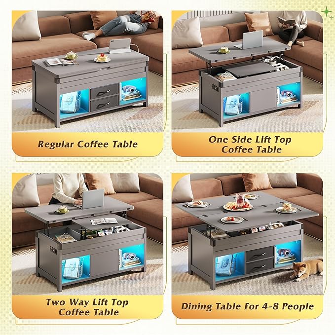 WLIVE 40" Lift Top Coffee Table, 4 in 1 Coffee Tables with Storage, 2 Fabric Drawers, LED Light and USB, Modern Coffee Table with Hidden Compartment for Living Room, Dining Room, Grey