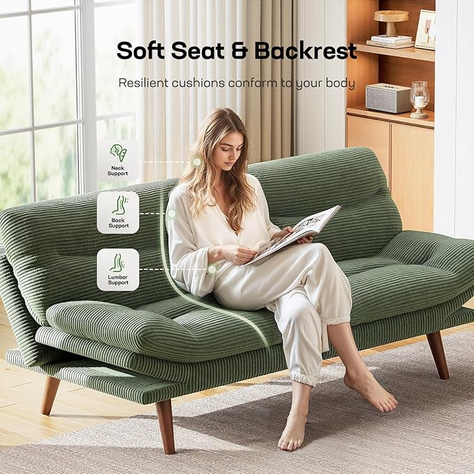 Marsail 66.1" Futon Sofa Bed, Corduroy Convertible Futon Couch with Adjustable Backrest & Armrests, Small Sleeper Sofa Loveseat for Small Apartments, Study Room, Office, Green
