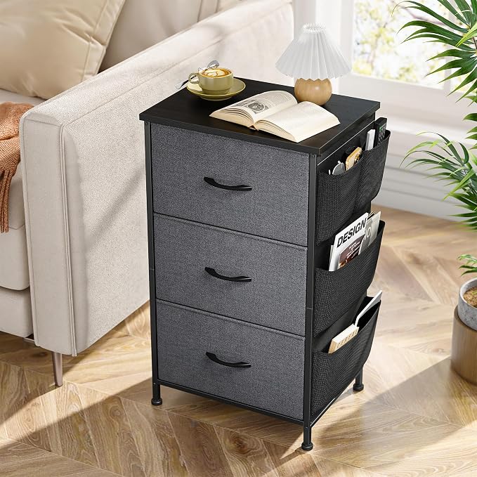 Tall Nightstand, Night Stand with Drawers for Bedroom, Bedside Table with Wooden Top, Sturdy Steel Frame End Table, Dorm Nightstand for Bedroom, Entryway, Hallway, Closet, Cloth Bags, Hooks, Grey - Image 8