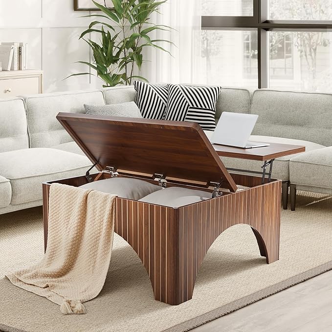 Square Coffee Table, 39'' Large Lift Top Coffee Table with Flip-Top Hidden Compartment Farmhouse Fluted Center Table Wooden Tea Table for Living Room, Apartment, Office (Walnut)