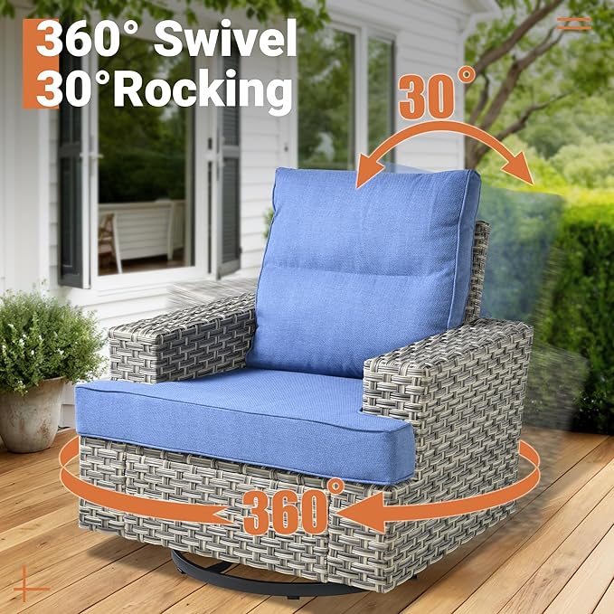 ovios 9 Piece Patio Sectional Furniture with Swivel Rocking Chairs, Rattan Wicker Coversation Set with Glowing Coffee Table, Outdoor Sofa Set for Outside Porch Balcony Backyard Pool,Blue