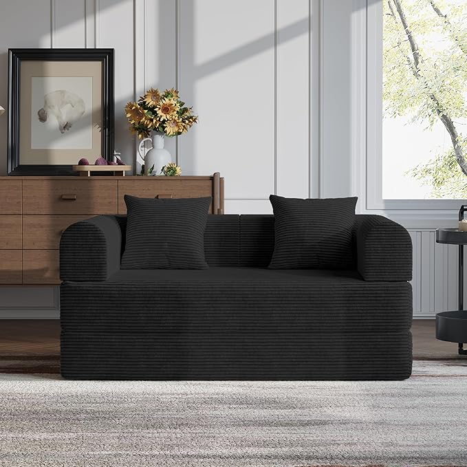 HouseMila 59" Boneless Couch,4-in-1 Futon Sofa Bed Modular Loveseat Sleeper Folding Compressed Couch with Pillows,No Assembly Required Convertible Sofa Bed for Living Room Bedroom Guest Room,Black
