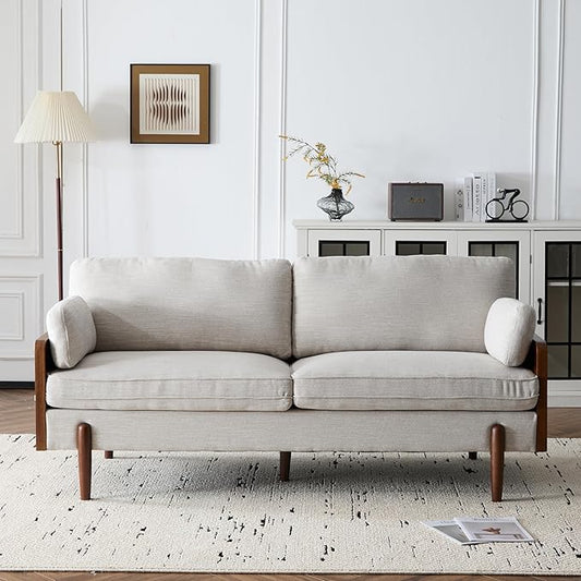 Merax 71.75" Mid-Century Modern Sofa with Plush Cushions, Wood Sides & Rounded Legs Compact & Stylish Couch for Living Room, Apartment Office, Beige